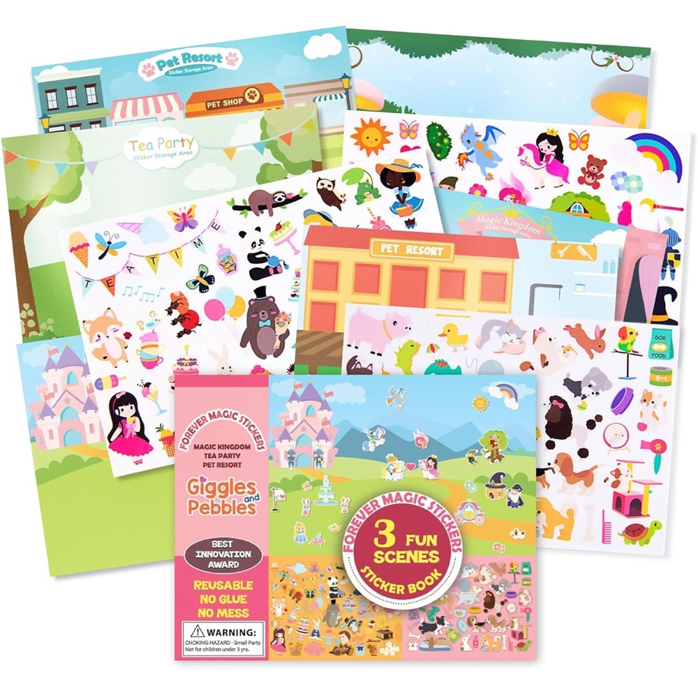 Magic Reusable Sticker Pad Book, Reusable and Washable! with 3 Fun Scenes